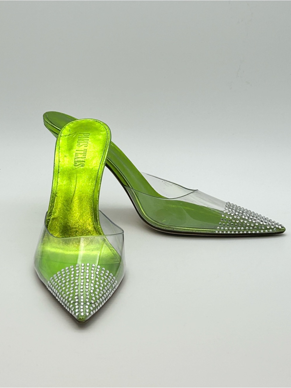Paris Texas Neon Green Clear Pointed Mule with Crystal Studs